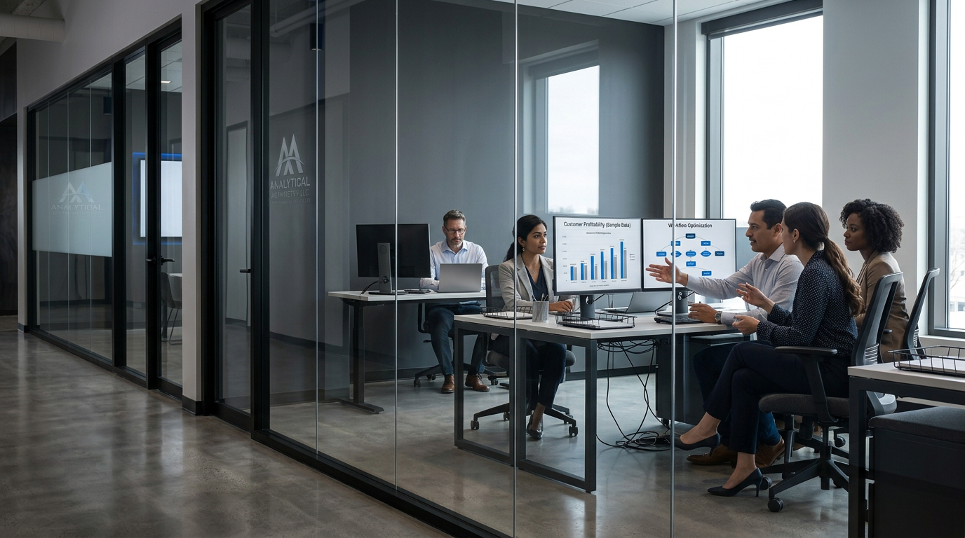 Analysts reviewing customer profitability and AI workflows in the AA office