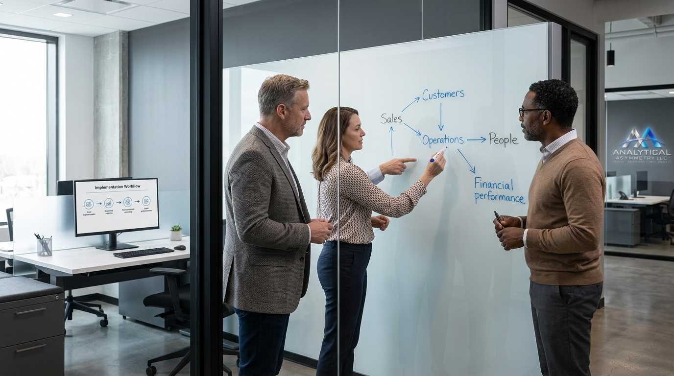 AA consultants collaborating around a strategic glass whiteboard