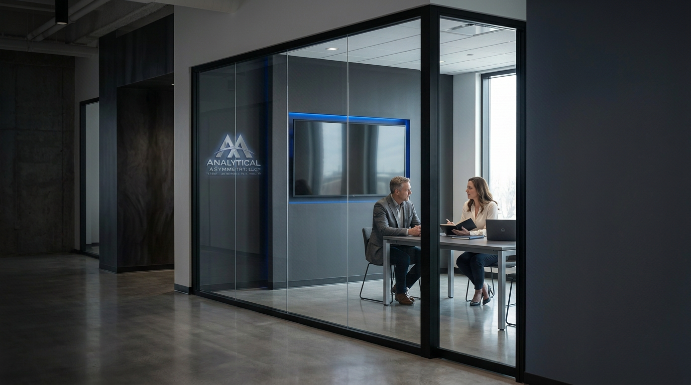 An executive consultant listening to a business owner in a glass conference room