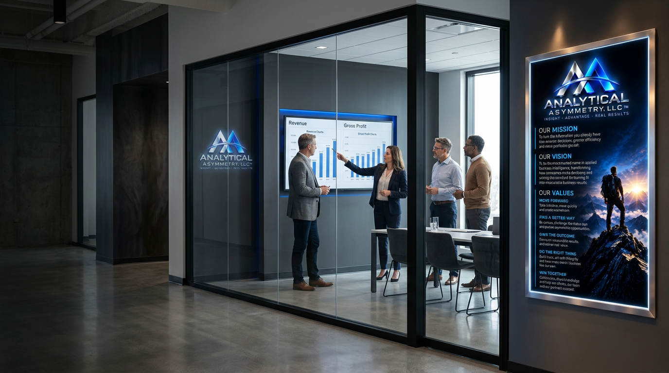 Analytical Asymmetry client strategy room with Mission, Vision and Values signage